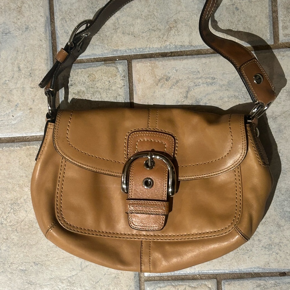 Tan Leather Shoulder Bag with Buckle Detail